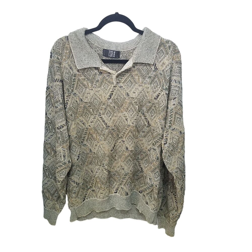Vintage TSR Mens Sz XL Tan Geometric Long Sleeve Pullover Collared Sweater